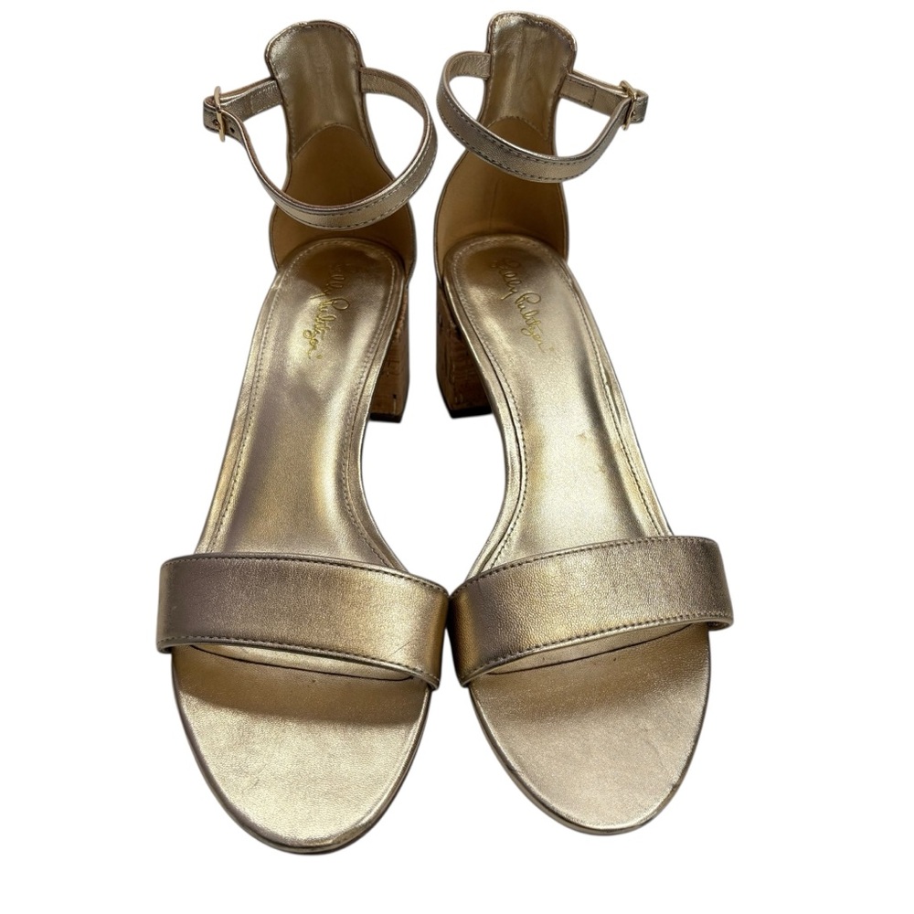 LILLY PULITZER SIZE 9 GOLD ANKLE STRAP METALLIC LEATHER CORK SHOE $138 - Picture 4 of 6
